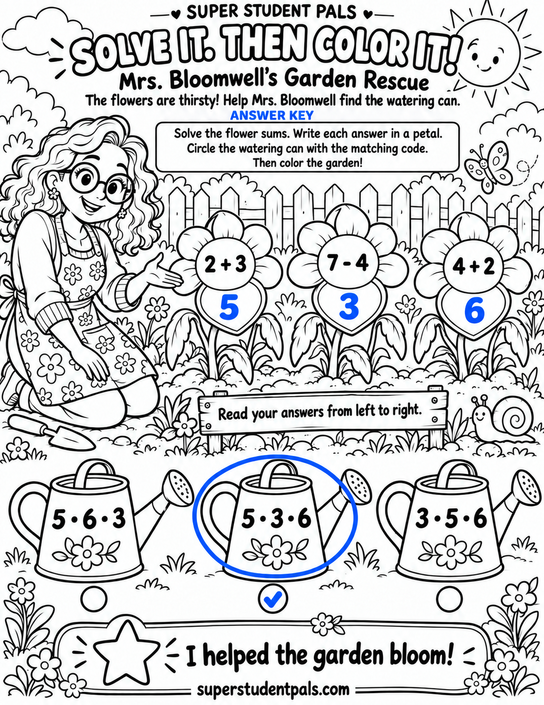 Answer key: flower answers 5, 3 and 6 in blue, with the middle watering can circled