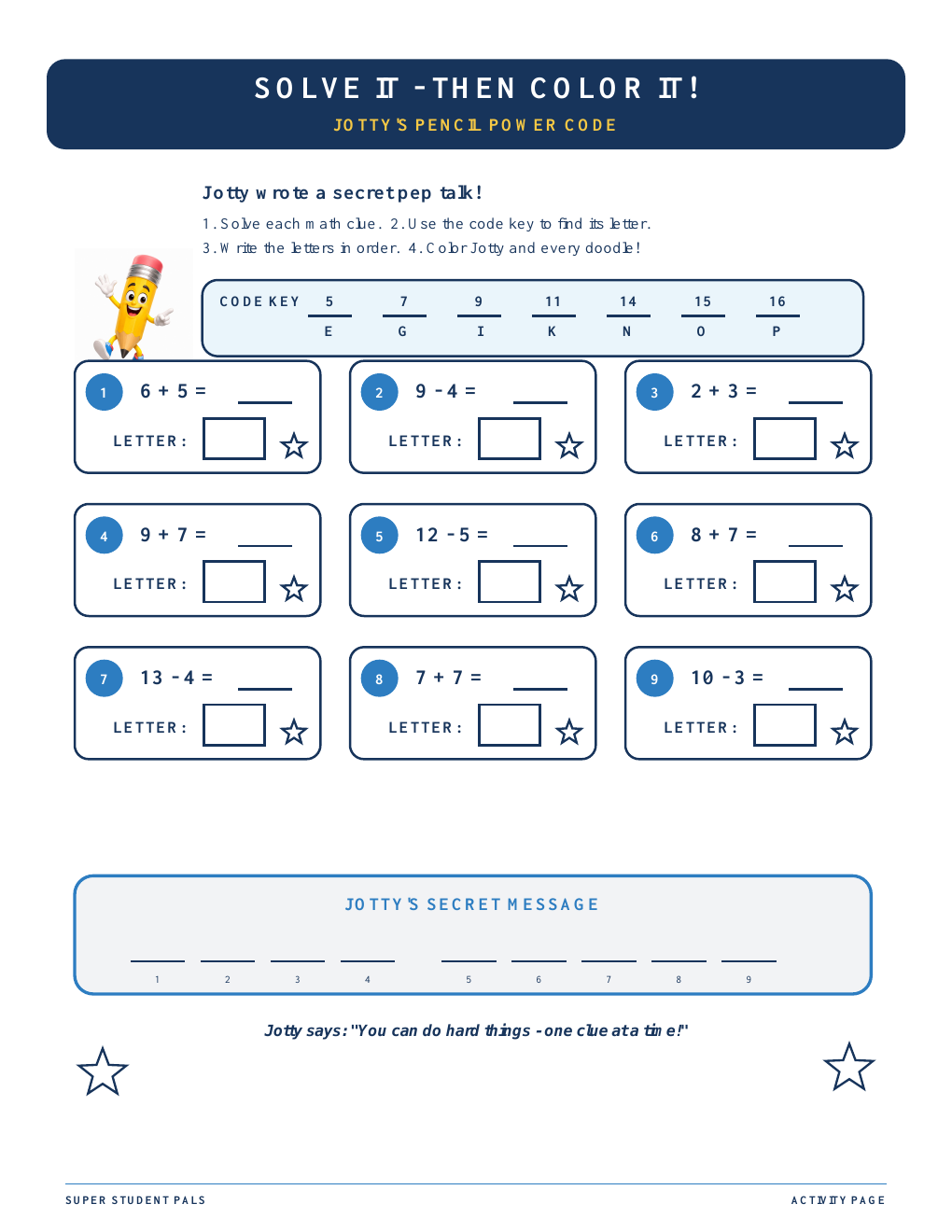Jotty Pencil Power addition and subtraction secret-code activity for children ages 6 to 8