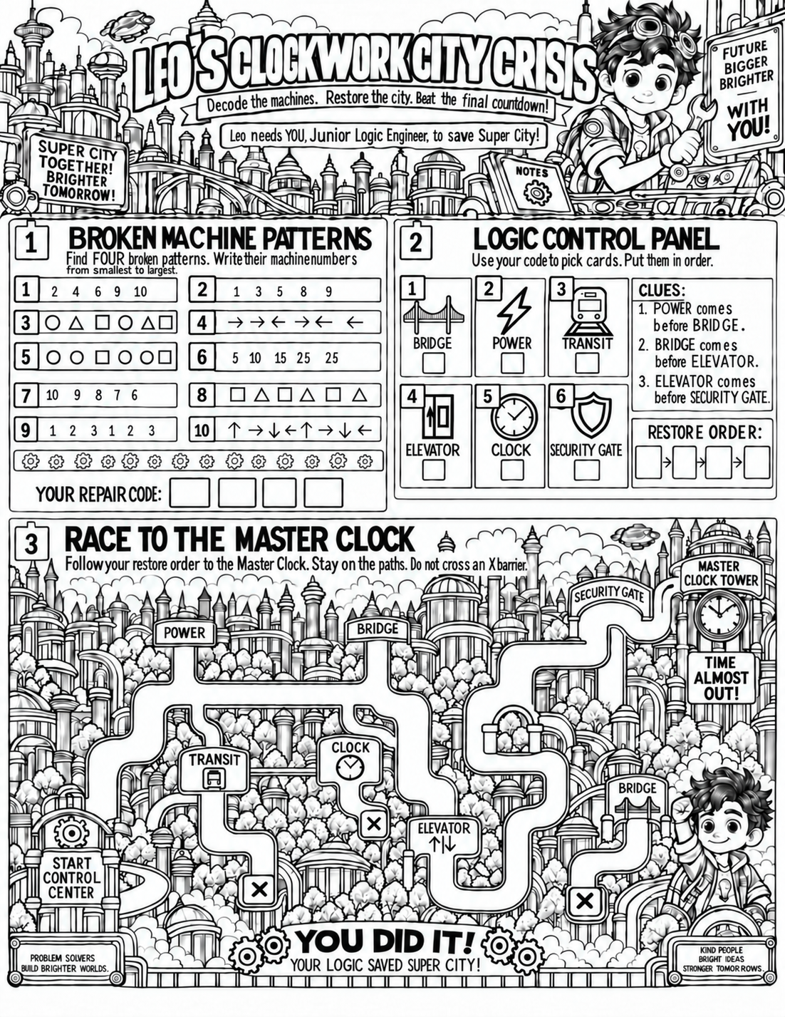Leo’s Clockwork City Crisis: broken machine patterns, a logic control panel and a clockwork city maze