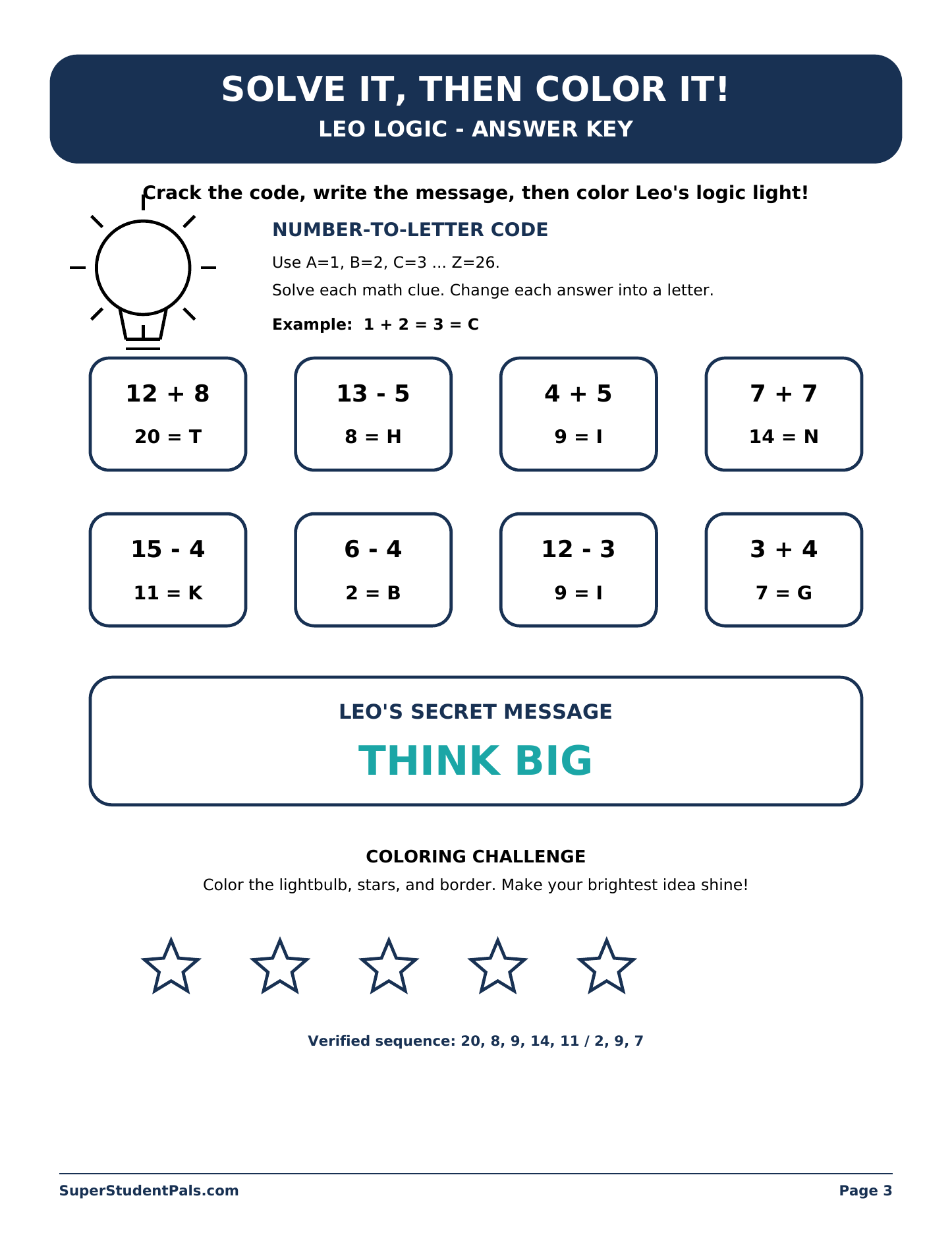 Answer key for Leo Logic’s math code activity