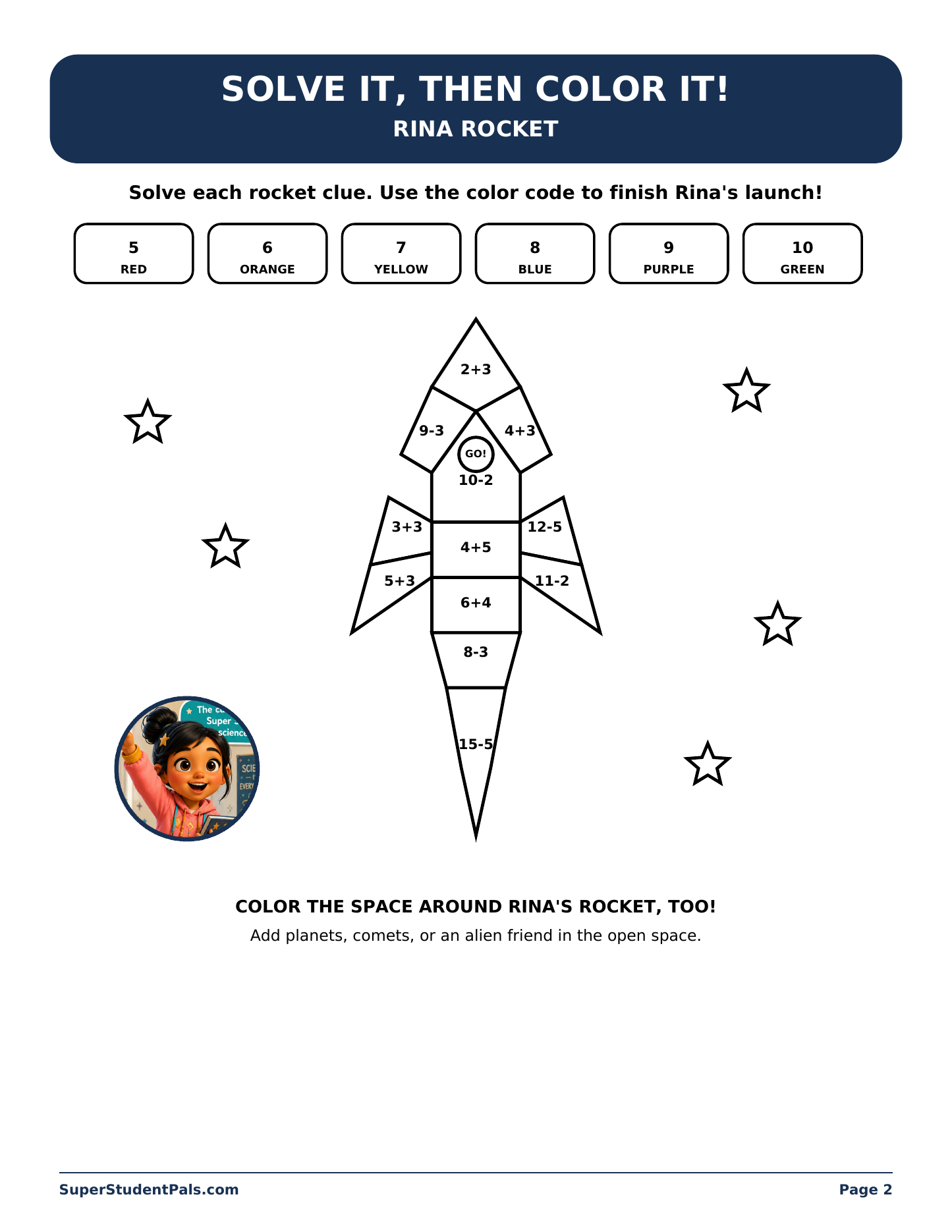 Rina Rocket free solve and color rocket activity for children ages 6 to 8