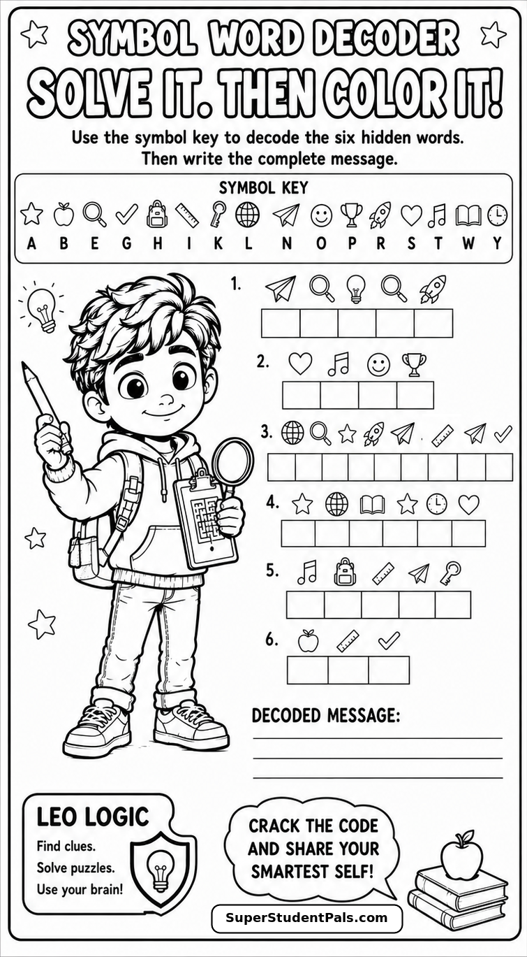Leo Logic free printable symbol word decoder activity for kids ages 6 to 8