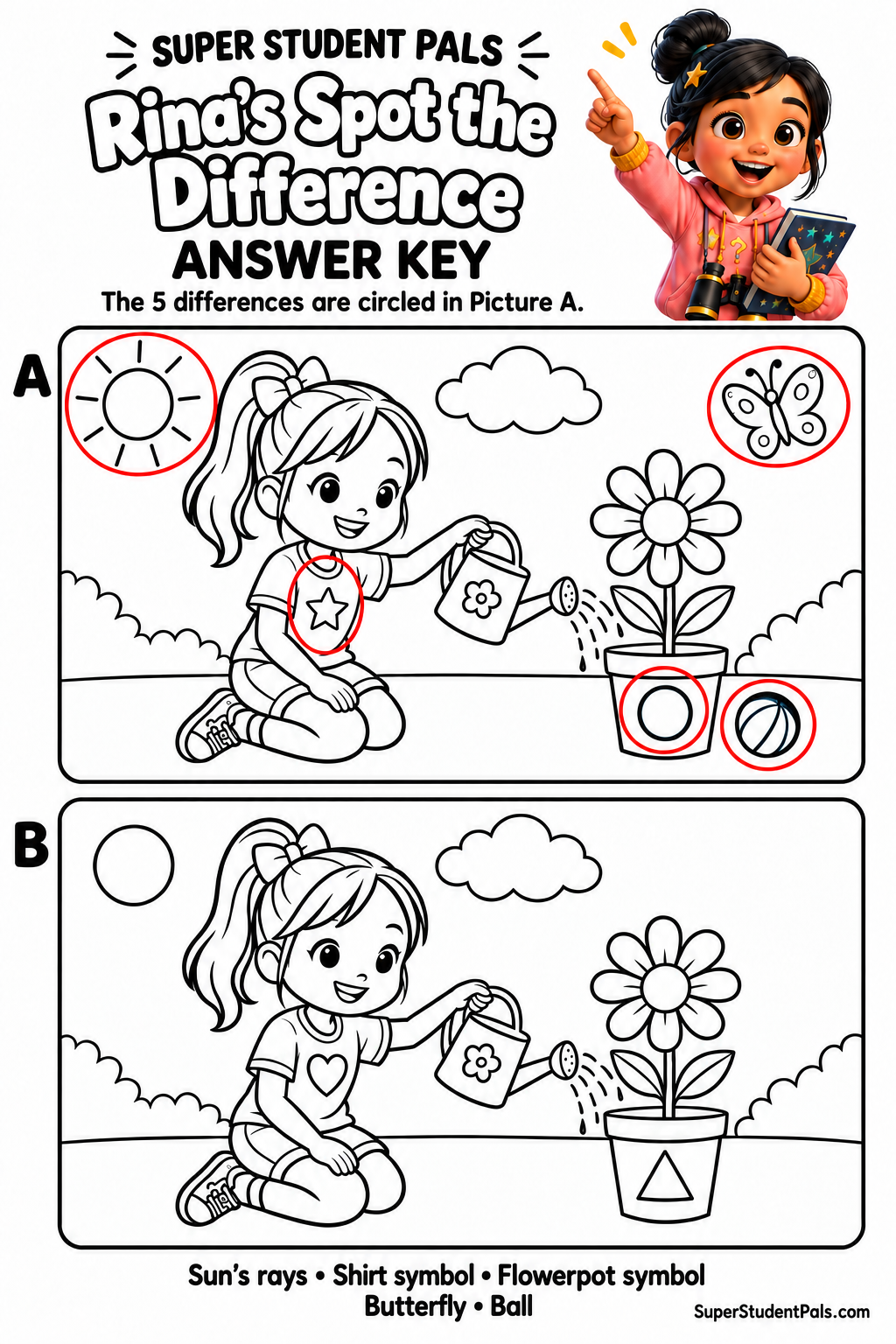 Rina's answer key with the sun, shirt symbol, pot symbol, butterfly, and ball circled in picture A