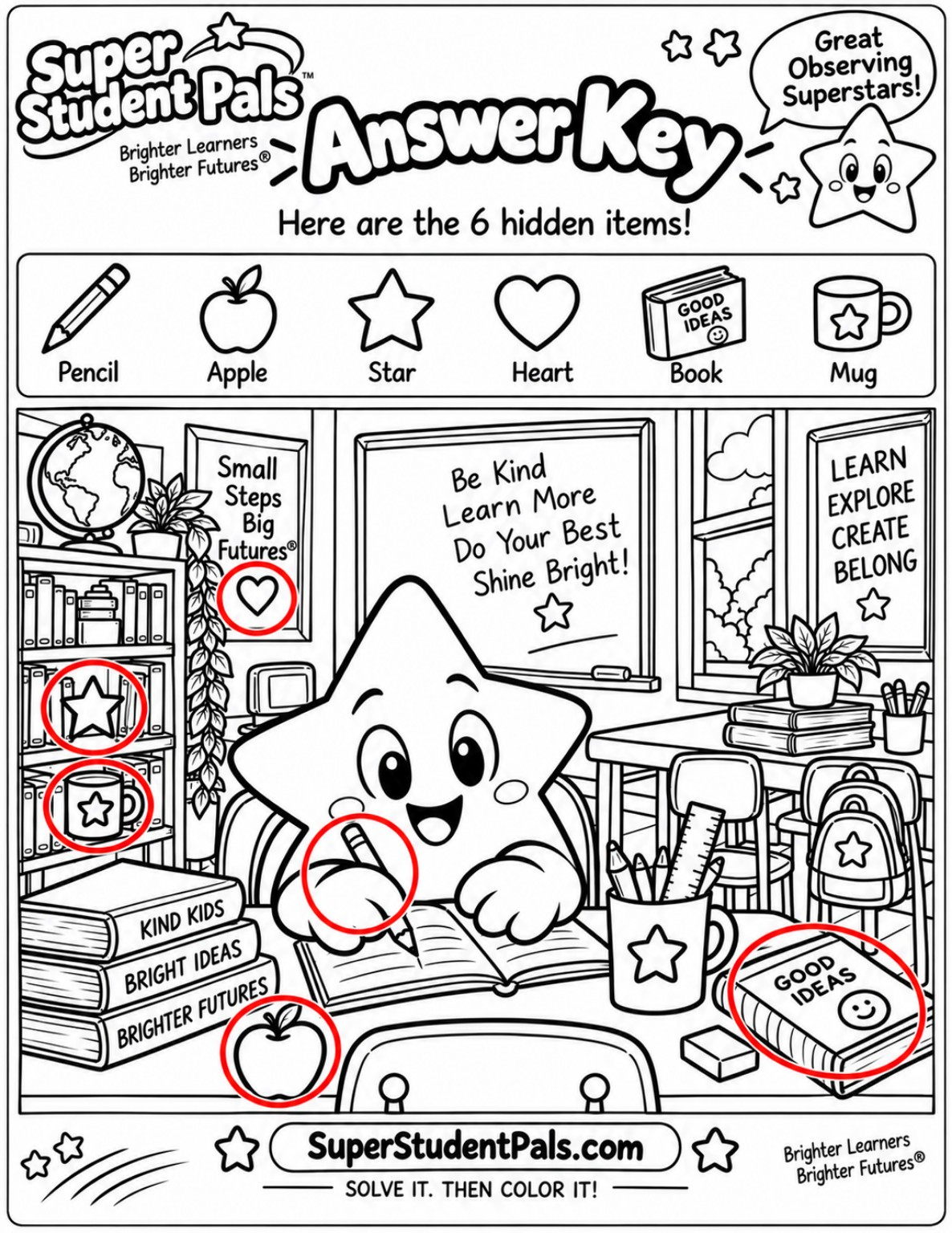 Verified answer key showing all six hidden objects in Starby’s classroom