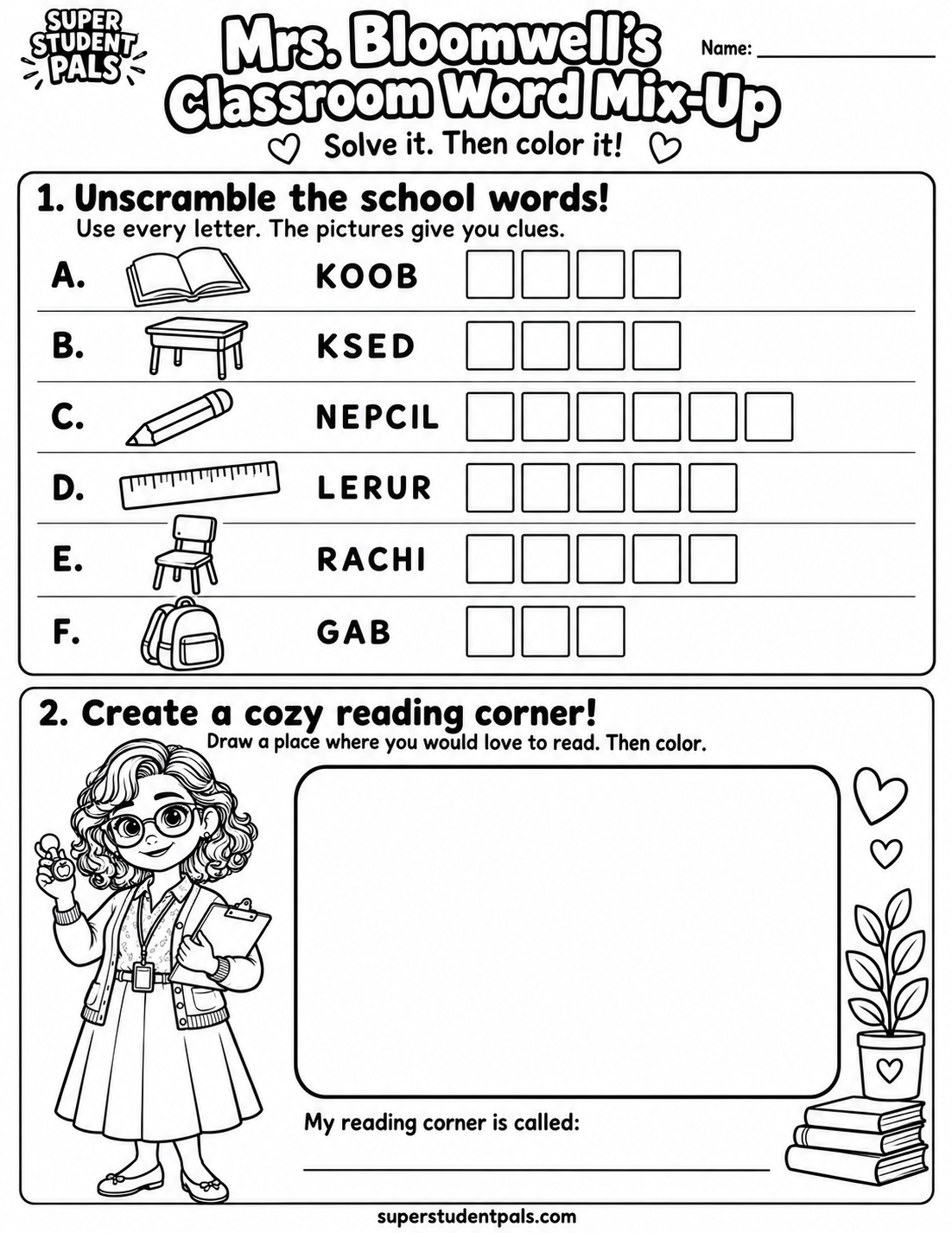 Mrs. Bloomwell’s Classroom Word Mix-Up — unsolved printable activity and coloring page
