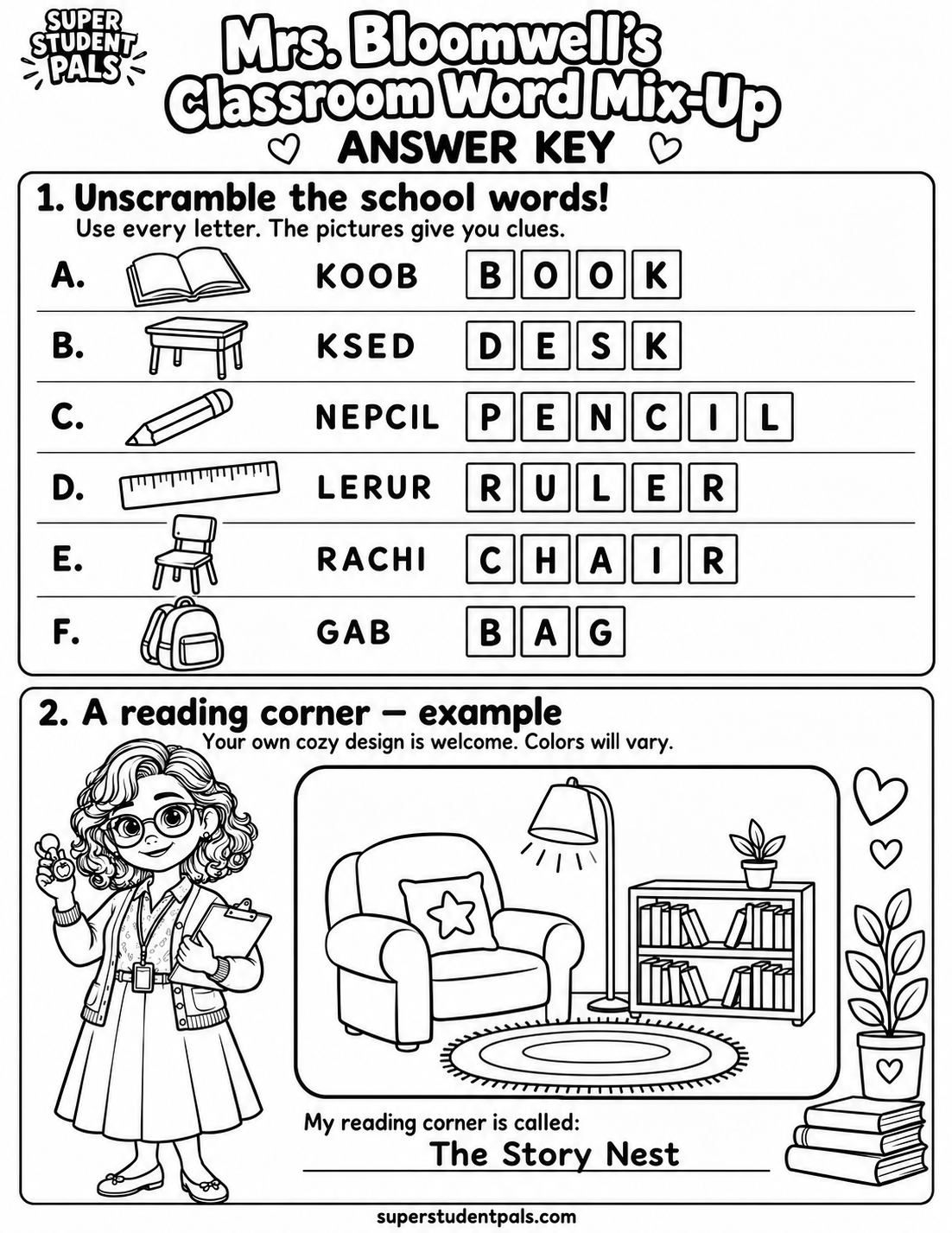 Checked answer key for Mrs. Bloomwell’s Classroom Word Mix-Up