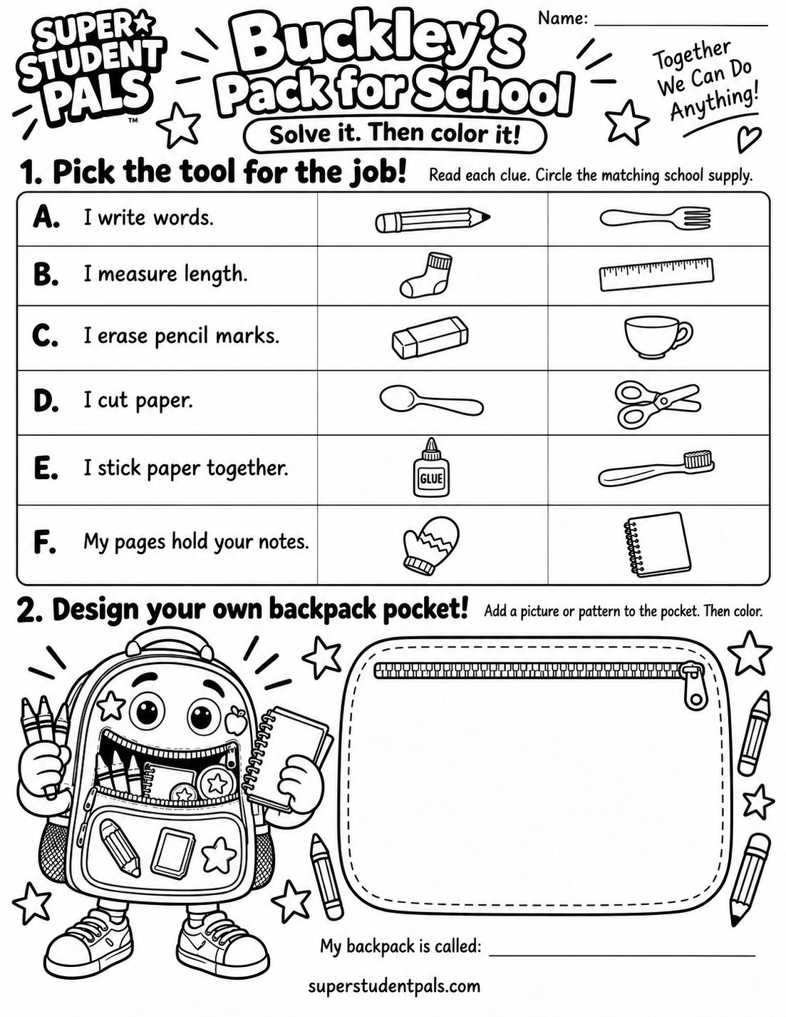 Buckley’s Pack for School — unsolved printable activity and coloring page
