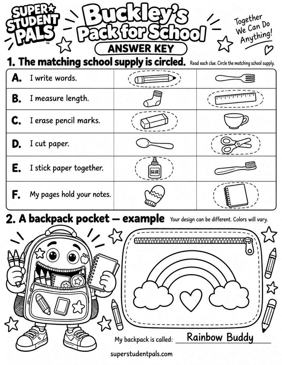 Checked answer key for Buckley’s Pack for School