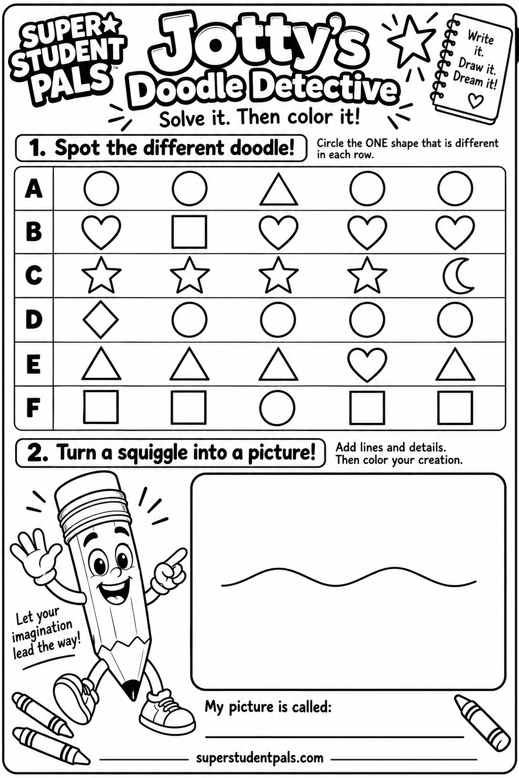 Jotty’s Doodle Detective — unsolved printable activity and coloring page