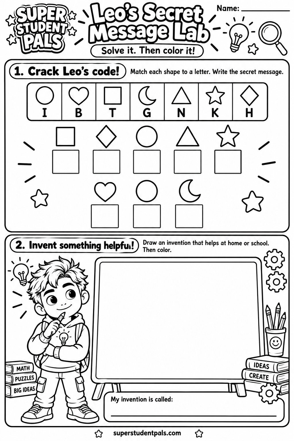 Leo’s Secret Message Lab — unsolved printable activity and coloring page
