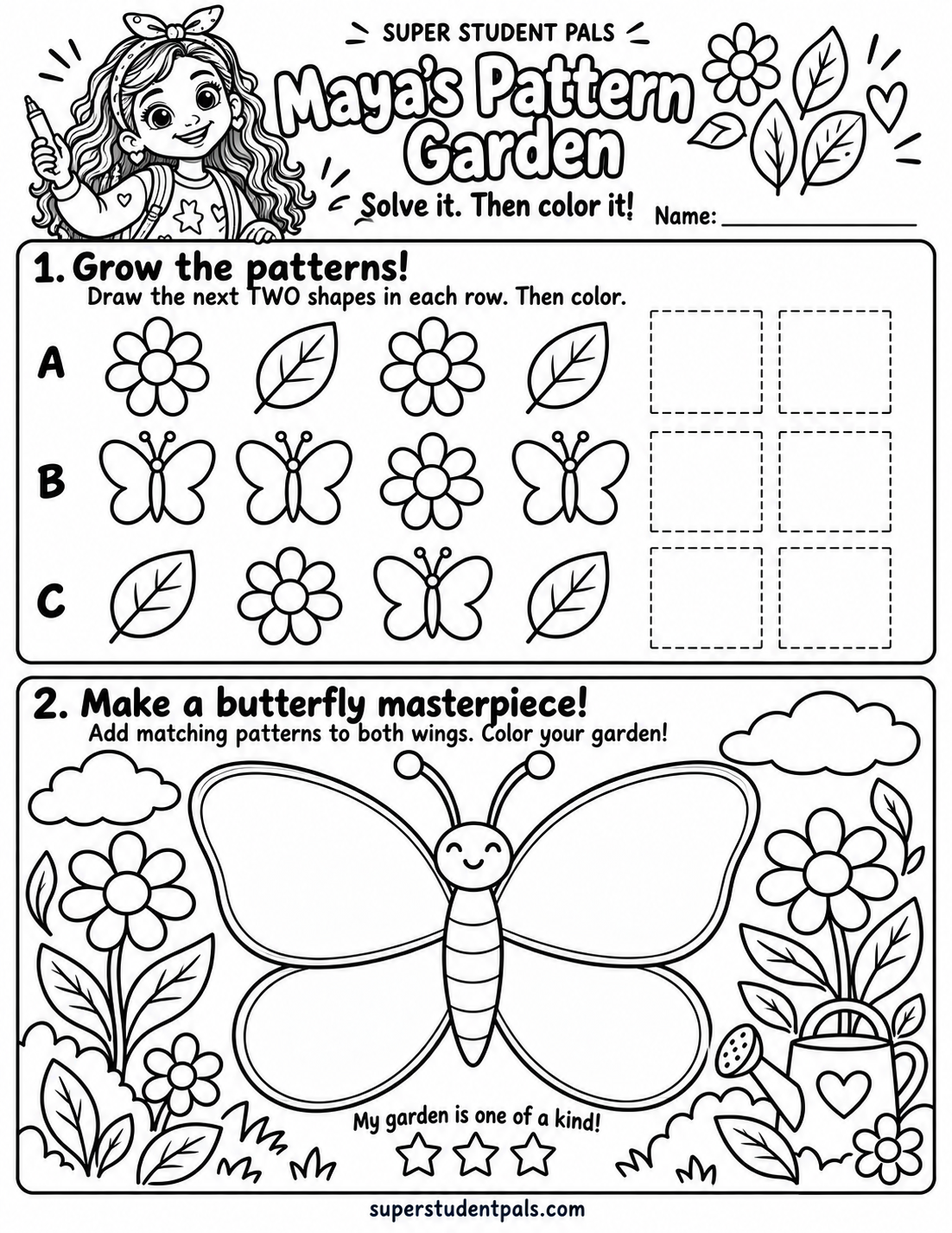 Maya’s Pattern Garden — unsolved printable activity and coloring page