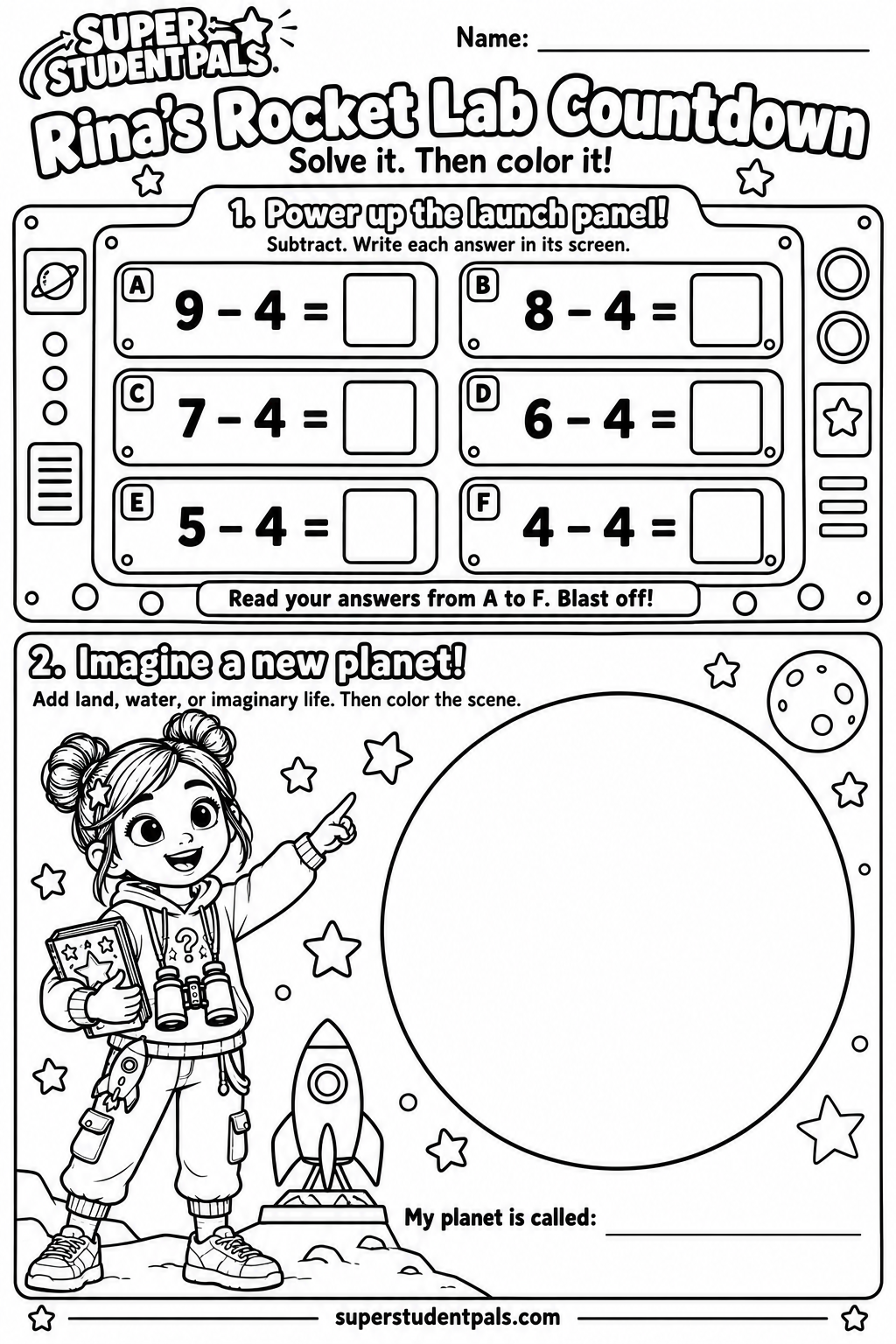 Rina’s Rocket Lab Countdown — unsolved printable activity and coloring page
