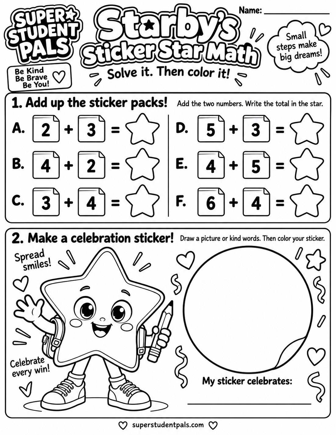 Starby’s Sticker Star Math — unsolved printable activity and coloring page