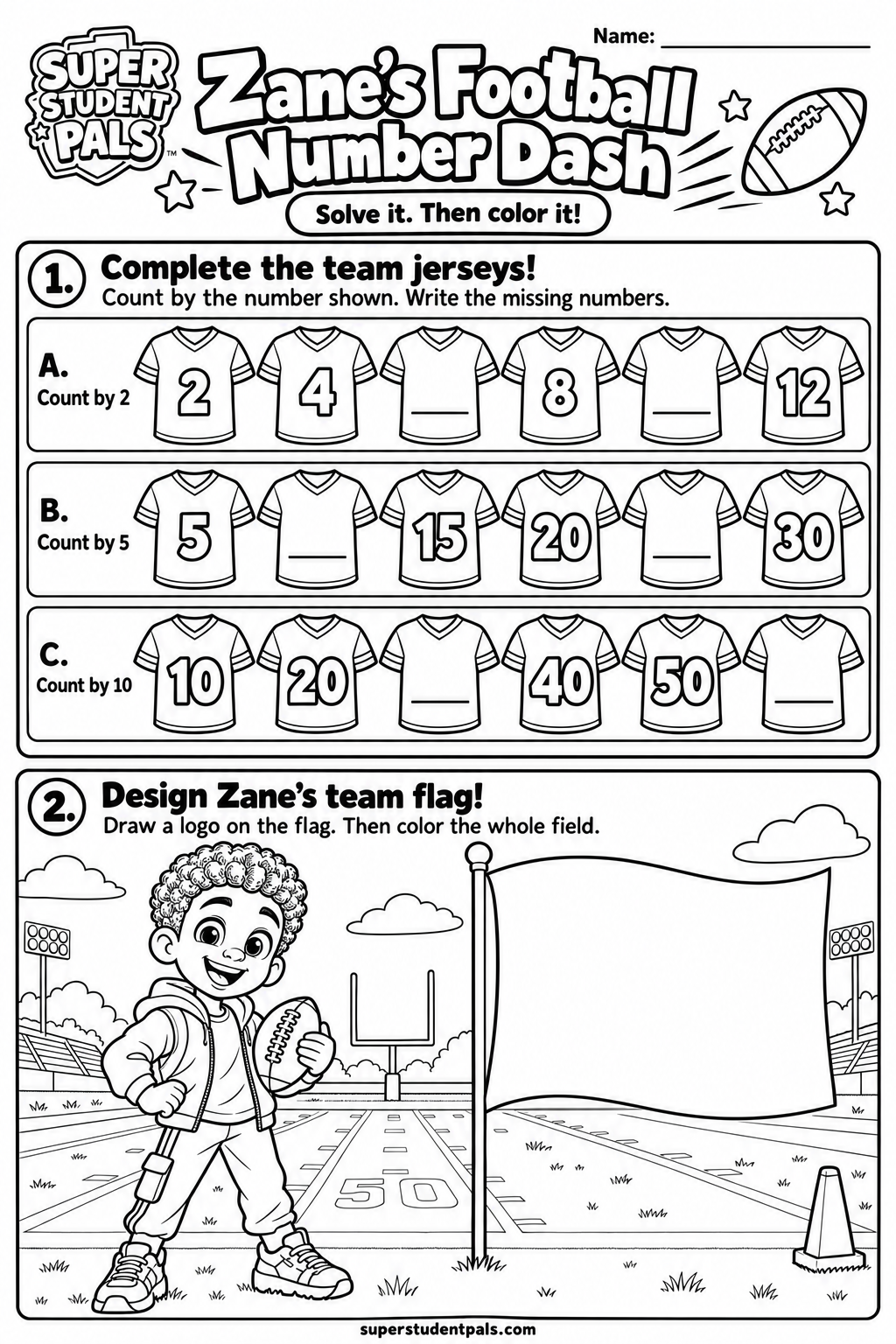 Zane’s Football Number Dash — unsolved printable activity and coloring page
