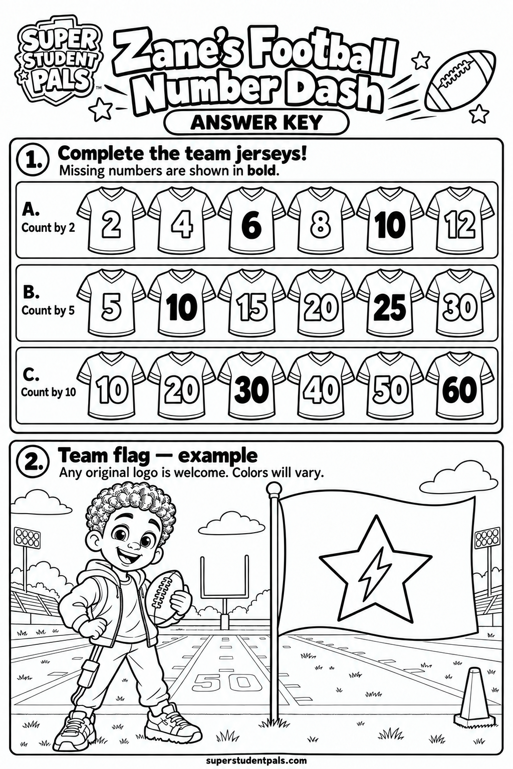Checked answer key for Zane’s Football Number Dash