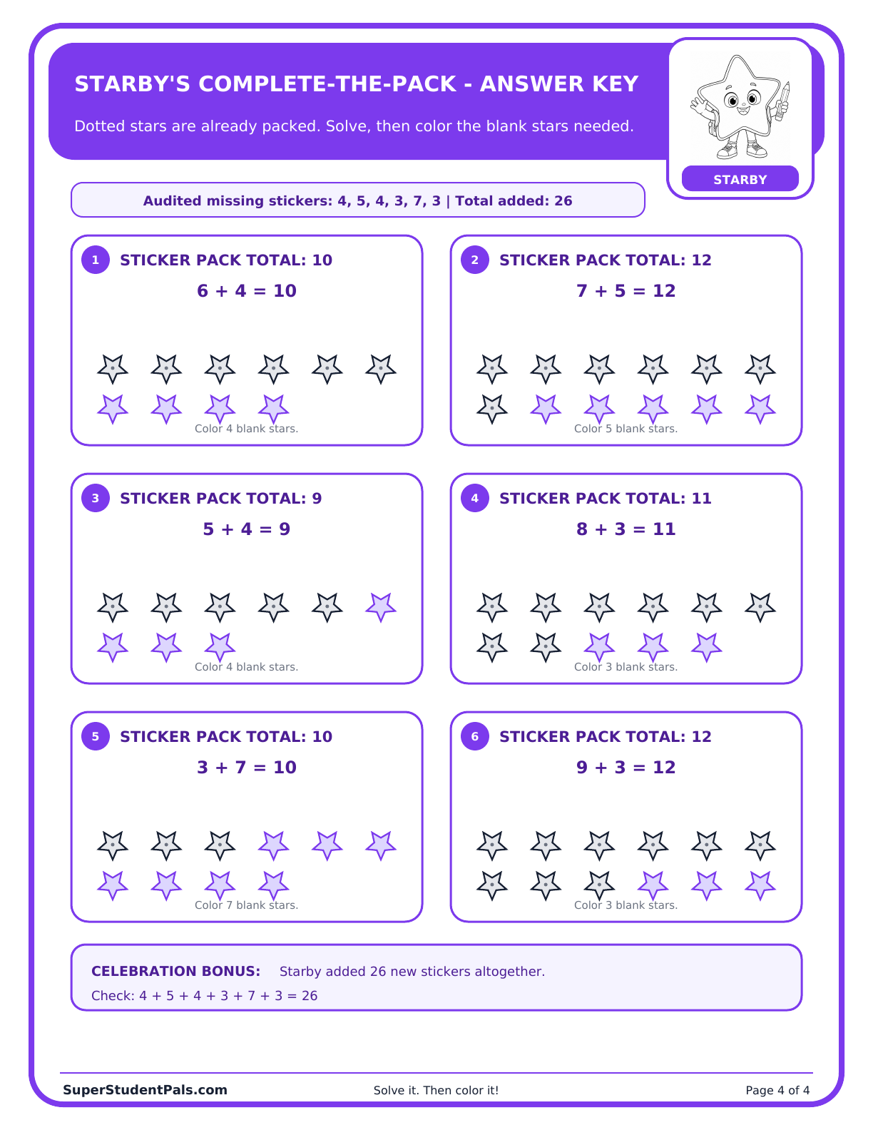 Verified answer key for Starby’s missing addend sticker-pack activity