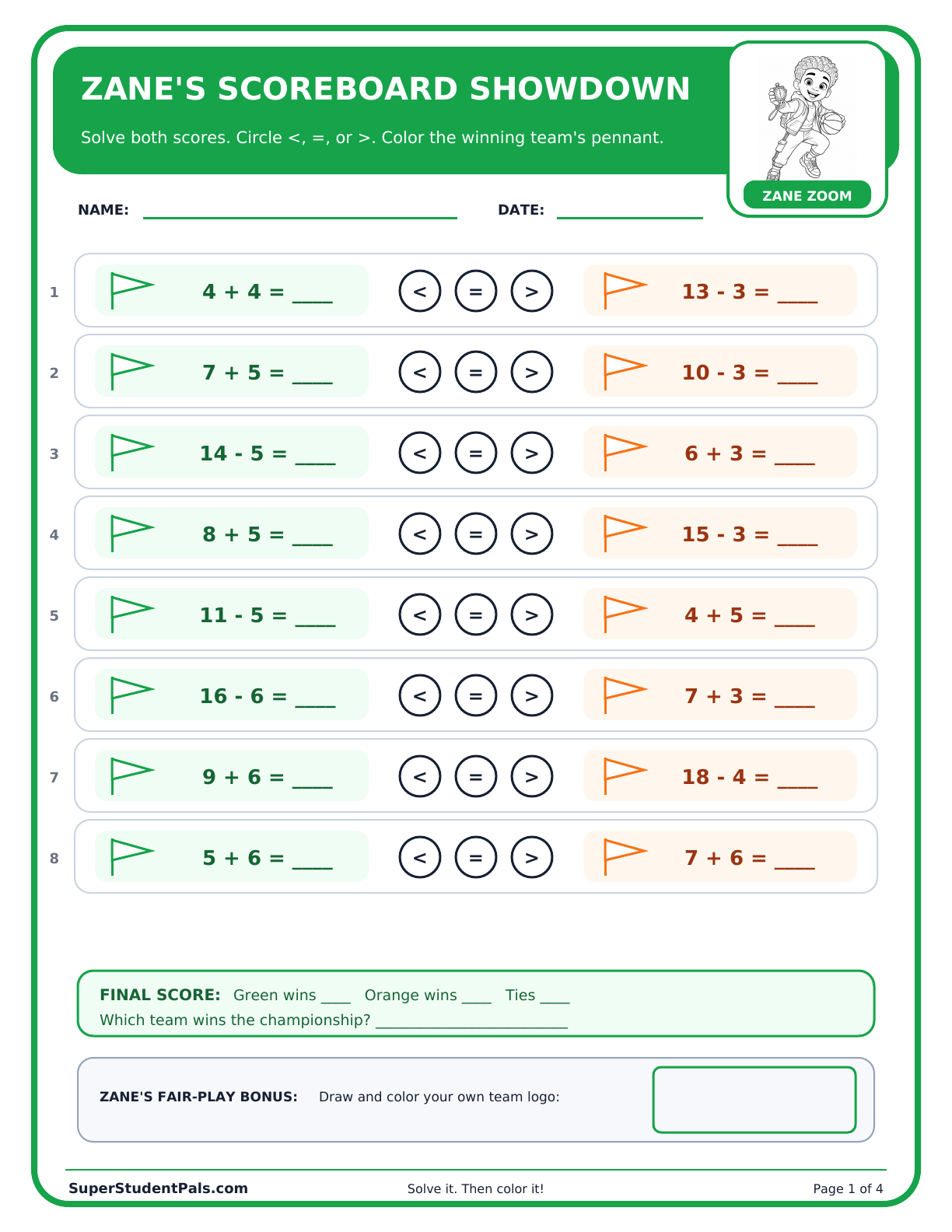 Zane Zoom free scoreboard math comparison activity for children ages 6 to 8